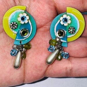 MAM VINTAGE 80s CLIP EARRINGS BRIGTH GREEN AND TURQUOISE COLOR MADE IN DALLAS TX